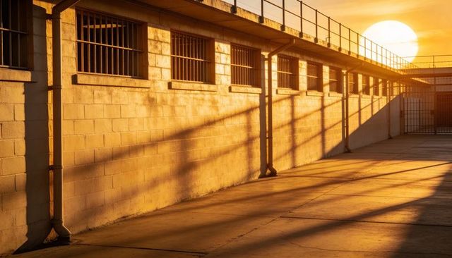 Golden hour prison yard with barred windows and long shadow lines on cinderblock wall