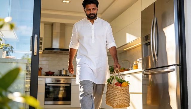 Sunlit man walking through modern kitchen carrying woven market basket of fresh produce