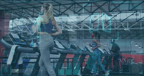 Digital Health Data Overlay on Treadmill Runners in Gym - Download Free Stock Images Pikwizard.com