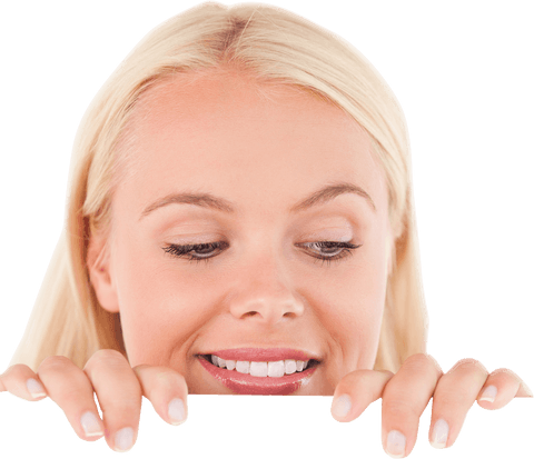 Smiling Caucasian Woman Peeking Over Edge on Transparent Background