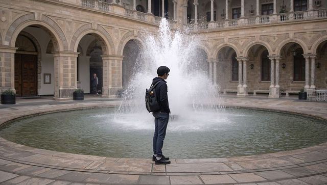 Asian man standing on fountain rim with backpack in historic courtyard arcade, arches and balustrade