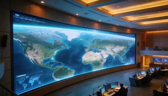 Global Command Center with Curved World Map and Monitoring Team for Real-time Analytics