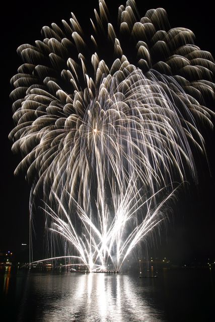 Spectacular White Fireworks Display Over Water at Night - Download Free Stock Photos Pikwizard.com