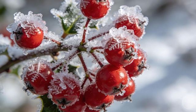 Frosted Holly Berry Cluster with Delicate Ice Crystals Macro Winter Holiday Background