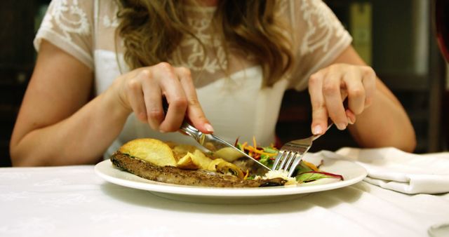 Woman Enjoying Healthy Meal at Elegant Restaurant - Download Free Stock Images Pikwizard.com