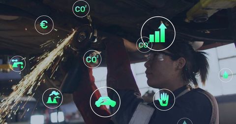 Mechanical precision with grinder and green technology icons