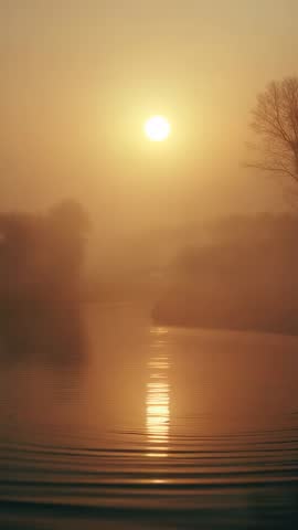 Glowing Sun Casting Vertical Reflection on Misty River at Dawn, Fog Thinning — Vertical Video