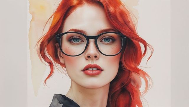 Elegant redhead in black-rimmed glasses with watercolor background