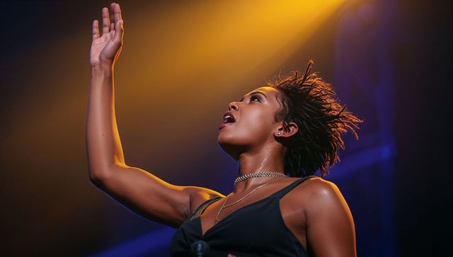 Dynamic female vocalist performing under amber spotlight, raising arm mid-song on live stage