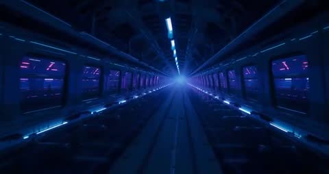 Gliding Through Futuristic Train with Neon Reflections