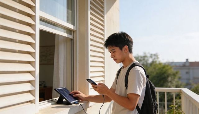 Asian teen charging smartphone with portable foldable solar panel on balcony near window shutters