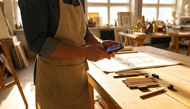 Artist using smartphone to capture sketch on sunlit studio table with pencils