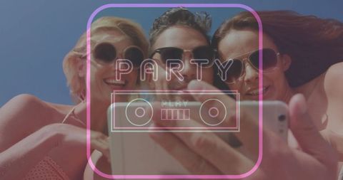Friends Celebrating Outdoors with Selfie and Party Overlay
