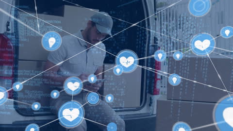 Delivery Man in Van with Networked Technology Overlay