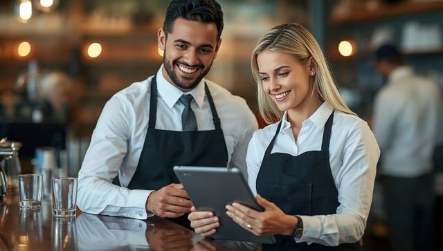 Smiling Bartenders Using Tablet at Modern Bar Counter