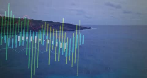 Financial Graph Overlay on Rocky Coastal Ocean View