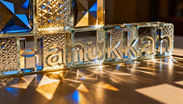 Glass block hanukkah lettering casting blue and gold light with faceted refractions