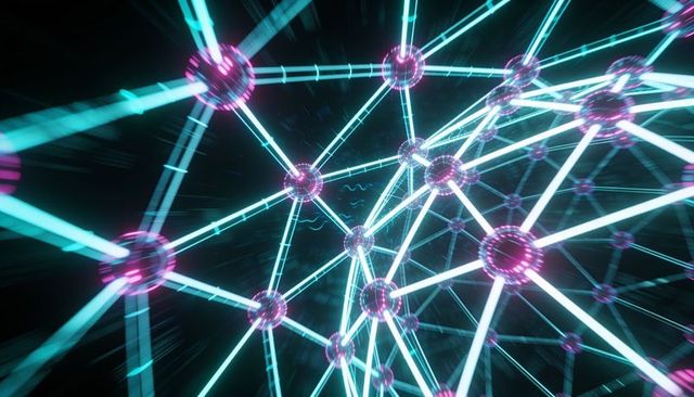 Curving neon network of magenta nodes and cyan struts connecting in futuristic cyber geometry