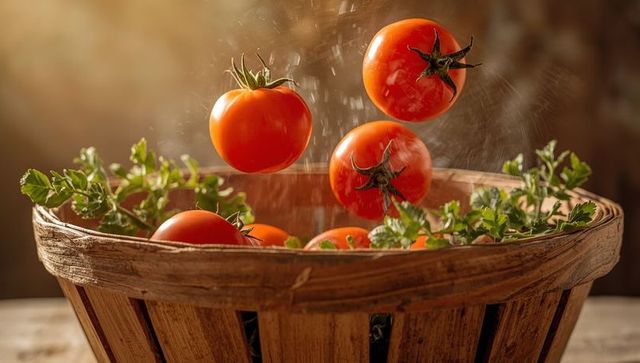 Juicy tomatoes and fresh herbs in rustic basket