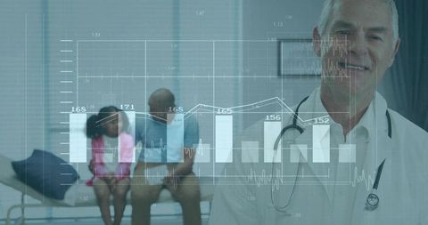Senior doctor consulting with family while medical charts and ECG graphs overlay