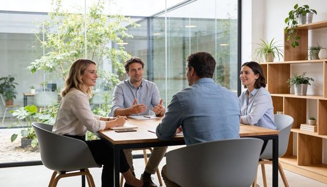 Colleagues discussing plan in modern biophilic office with glass wall, daylight and notebooks