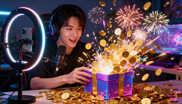 Excited streamer opening jackpot gift box with flying coins and neon studio fireworks