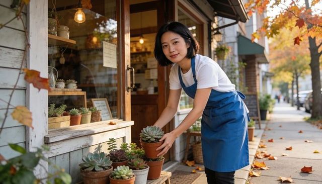Urban florist arranging succulents in terracotta pots outside cozy autumn storefront