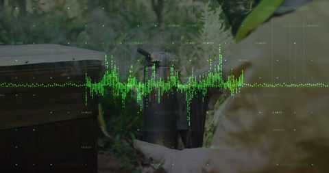 Beekeeper tending hive with smoker and digital overlay