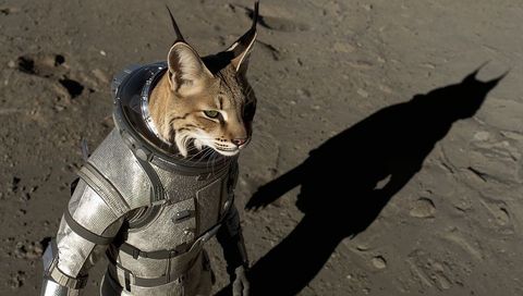 Futuristic caracal astronaut standing on moonlike regolith casting dramatic long shadow