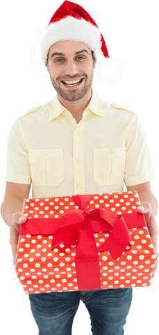 Smiling Man in Santa Hat Holding Polka Dot Gift on Transparent Background