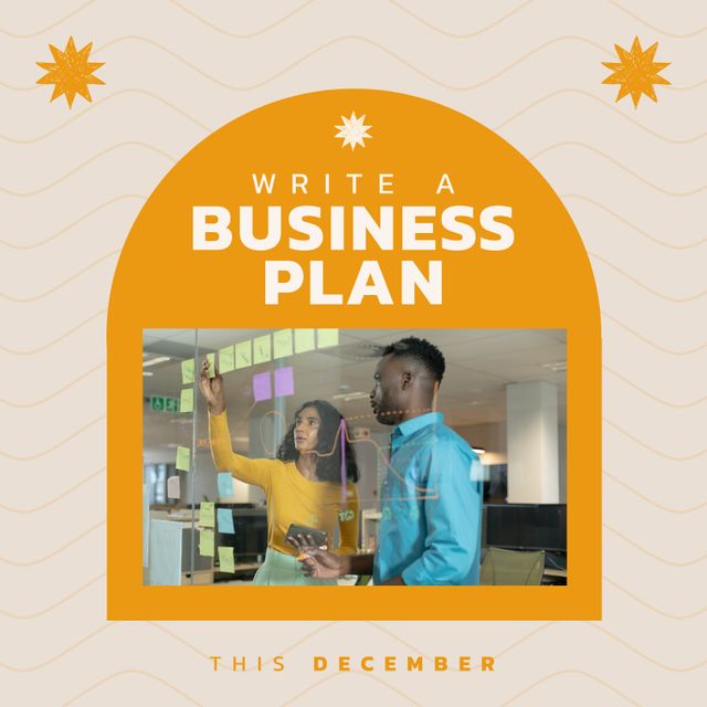 Write a business plan this december text and african american coworkers discussing over sticky notes. Digital composite, teamwork, planning, goals, growth, abstract and office concept.
