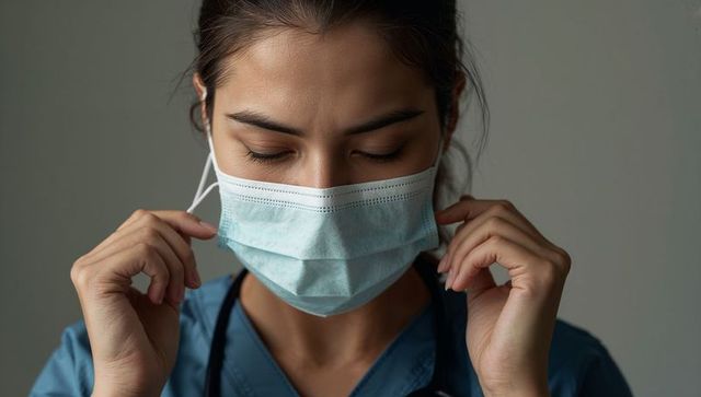 Female clinician adjusting surgical mask before shift in blue scrubs with stethoscope