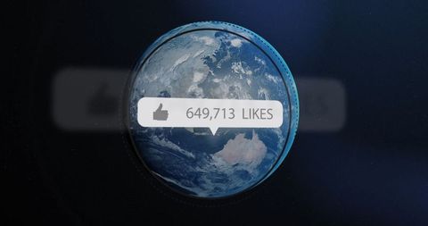 Global Social Media Impact: Planet Earth with Growing Thumbs Up