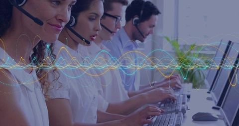 Call Center Agents Typing with Wave Graphic Overlay