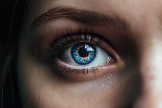 Close up of woman's blue eye, created using generative ai technology. Human eye, colour and pattern concept digitally generated image.