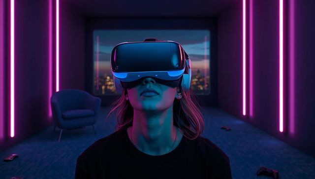 Young woman wearing vr headset experiencing neon cyber cityscape in futuristic lounge