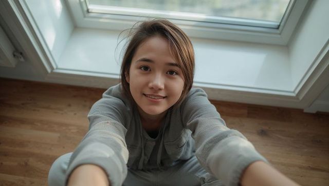 Smiling young woman reaching up from wooden floor under skylight in minimalist interior