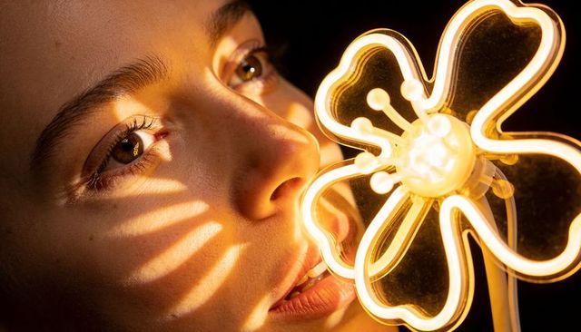 Closeup portrait of woman holding glowing neon flower lamp casting soft striped led light