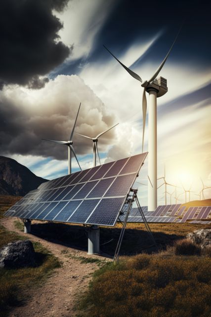 Image depicts solar panels and wind turbines in a scenic landscape highlighting renewable energy sources. Ideal for use in publications or campaigns related to green technology, sustainability, alternative energy solutions, and environmental conservation.