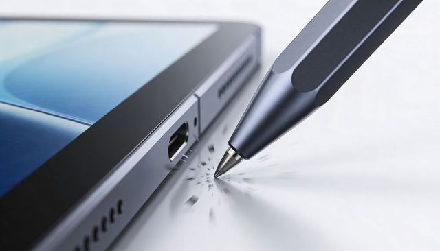 Precision metal stylus striking surface near tablet port, sparks and modern tech detail