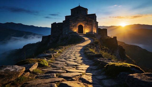 Sunrise chapel on mountain ridge with winding cobblestone path and glowing doorway