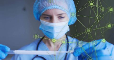 Nurse inspecting swab sample in lab with digital network overlay representing medical data