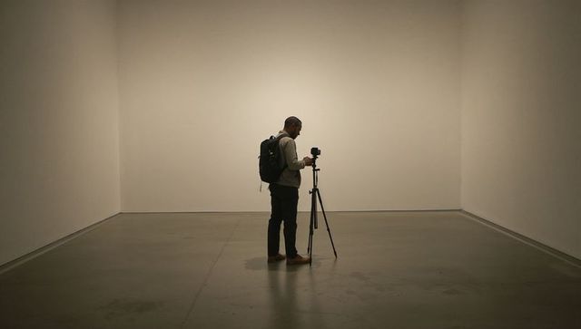 Solitary Photographer Adjusting Tripod in Minimal White Gallery with Concrete Floor