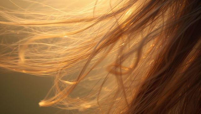 Shimmering long hair strands flowing in golden backlight with rimlight glow and motion
