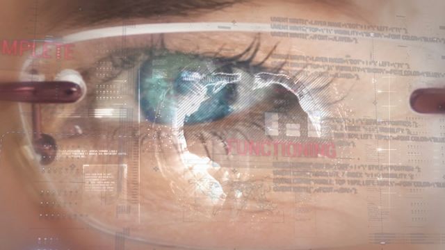 Human eye overlaid with animated data streams, conveying the concept of advanced digital technology. Use for futuristic tech, analytics, or digital safety themes.