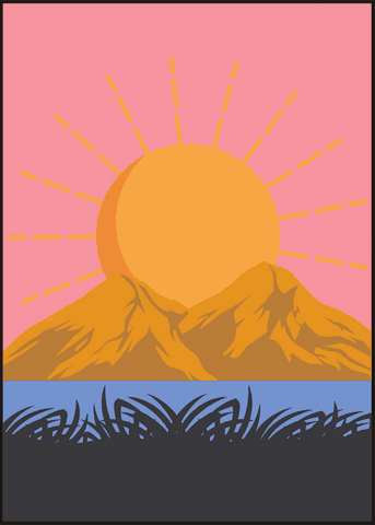 Illustration displays bold sun rising behind orange mountains over tranquil lake with grass edges, symbolizing dawn and new beginnings. Transparently backed, this approachable design works perfectly in projects seeking uplifting, optimistic themes. Ideal for web content, graphics regarding nature and outdoor adventures.