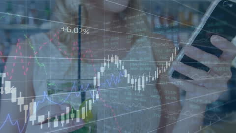 Woman Analyzing Financial Data with Smartphone Overlay