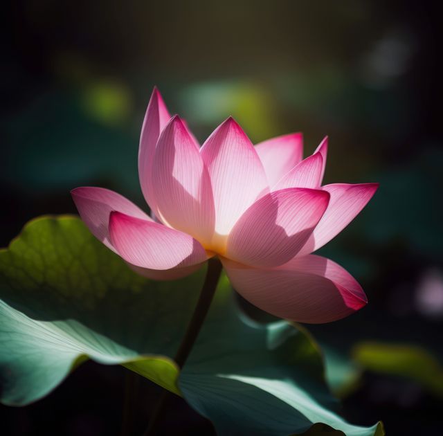 This image showcases a vibrant pink lotus flower illuminated by soft sunlight, highlighting its delicate petals. Perfect for use in nature-themed designs, wellness and spa promotions, or as inspirational imagery for blogs and websites focused on tranquility and mindfulness.