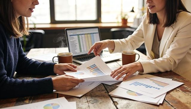 Two women collaborating over charts and laptop reviewing business data and financial graphs