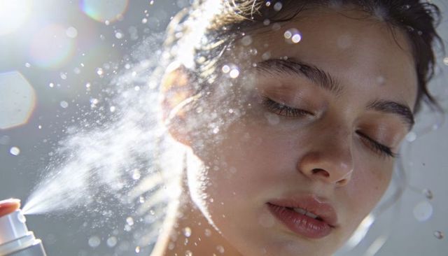Closeup woman receiving mist spray for dewy skin glow, backlit beauty portrait